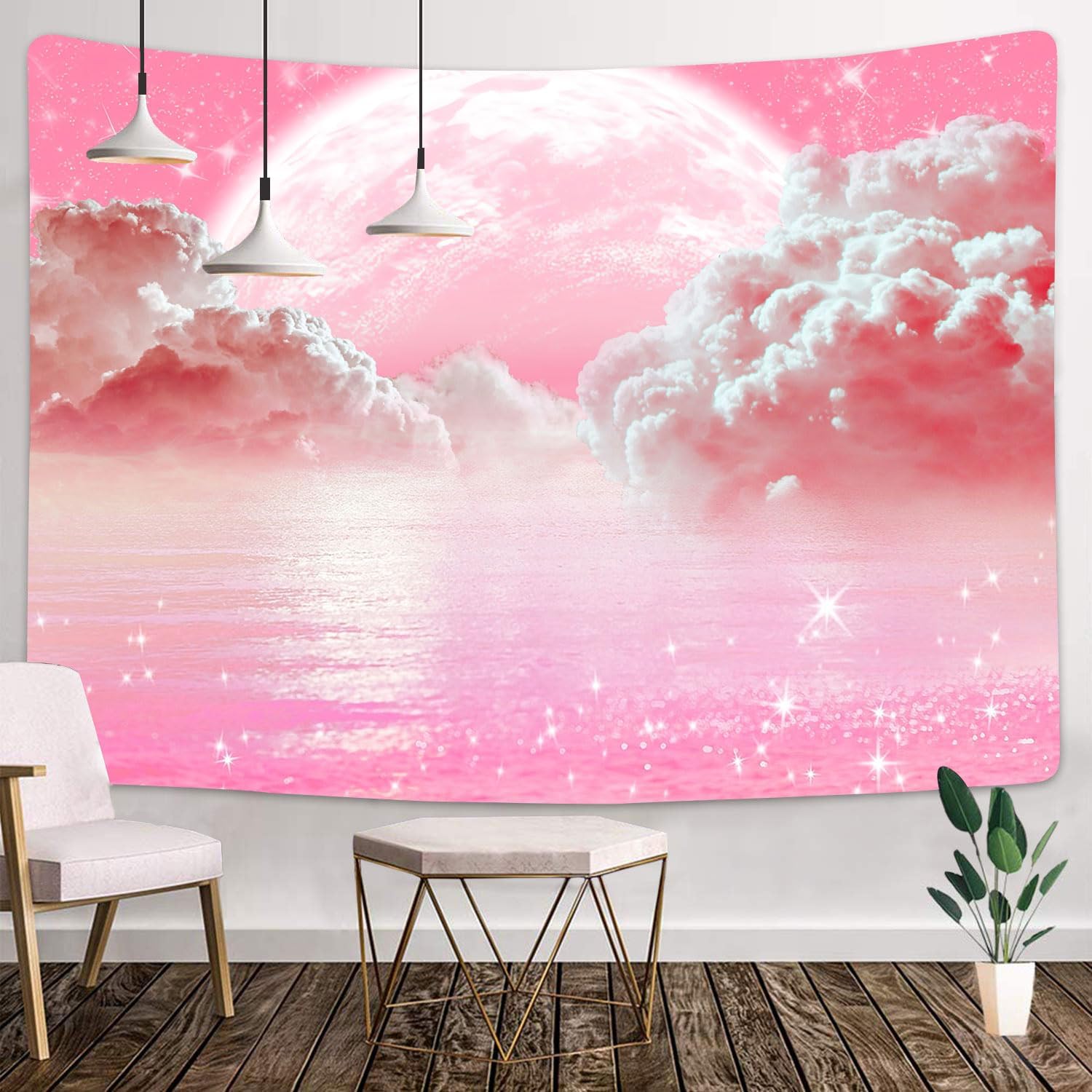 Pink Clouds Sky Tapestry Ocean - Wall Scroll Tapestry 评论和价格