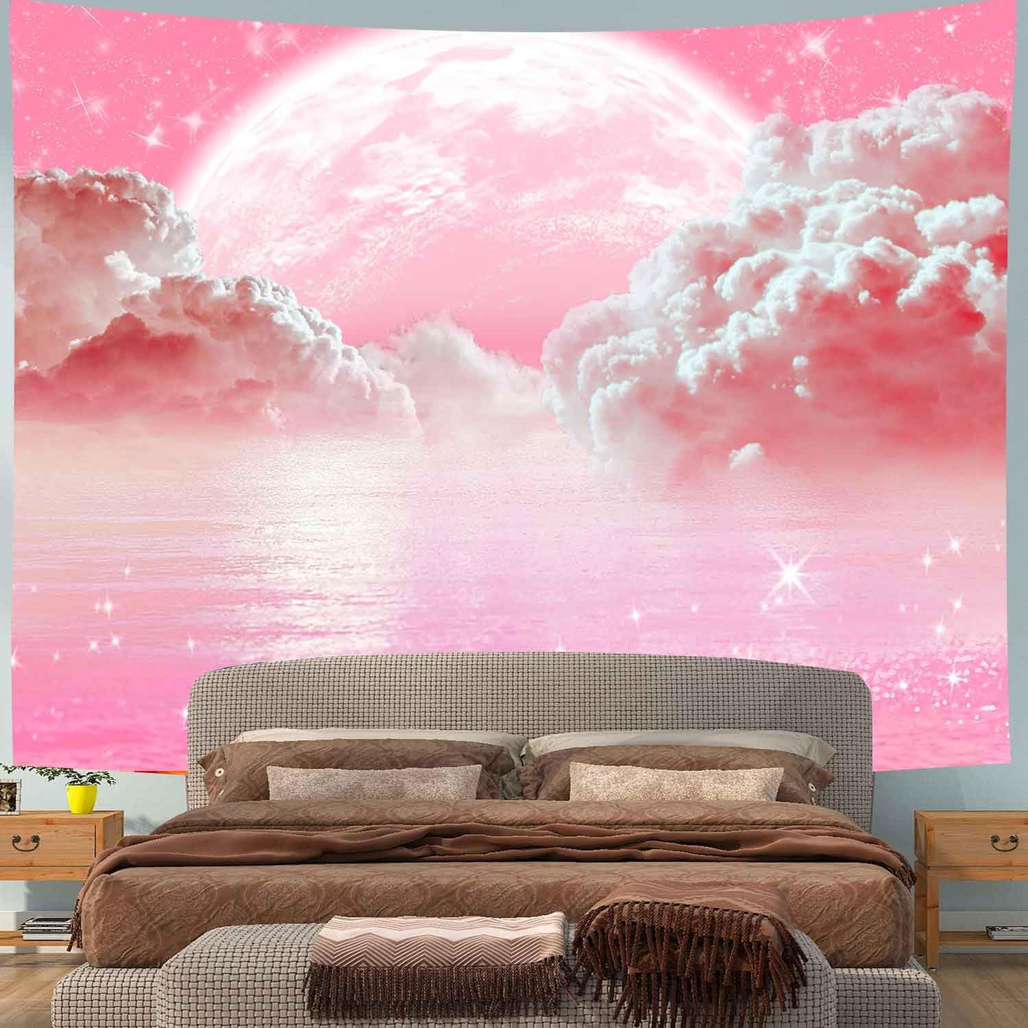 Pink Clouds Sky Tapestry Ocean - Wall Scroll Tapestry 评论和价格