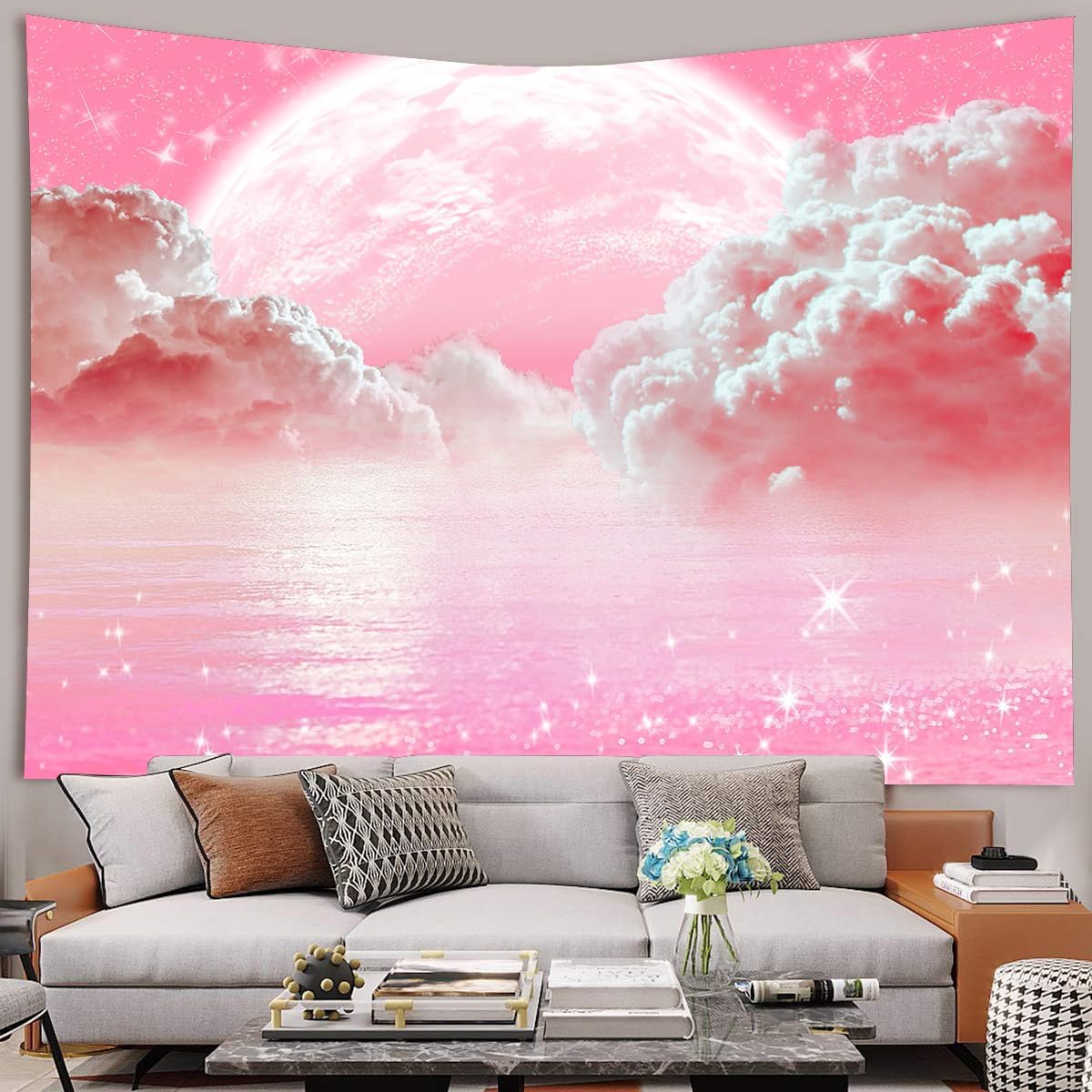 Pink Clouds Sky Tapestry Ocean - Wall Scroll Tapestry 评论和价格